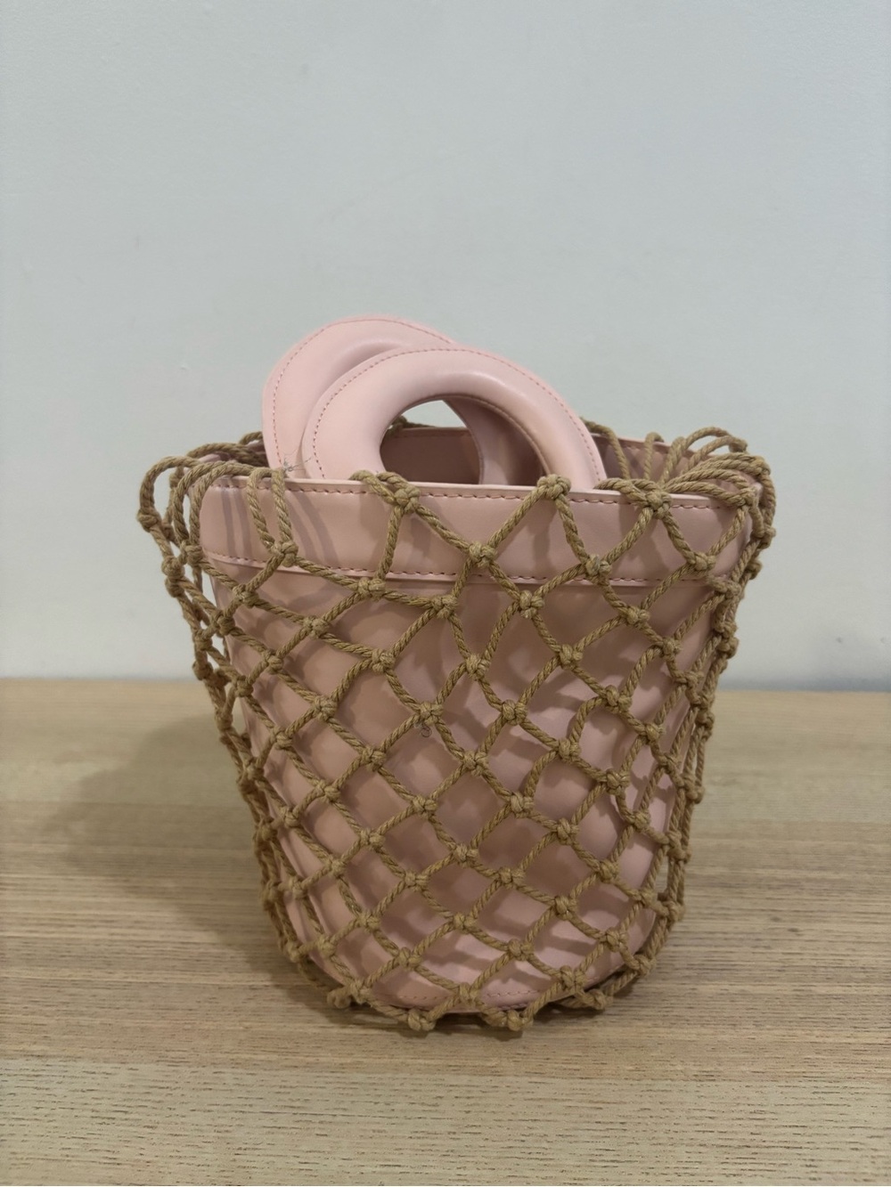 Women's Pink Bucket Bag with Rope Net Overlay